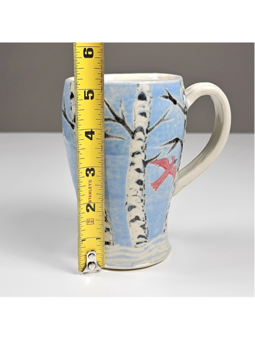 Mindy Sisk Handmade Pottery Mug Birch Trees Red Cardinal Winter Ceramic Cup 5" - Picture 8 of 9